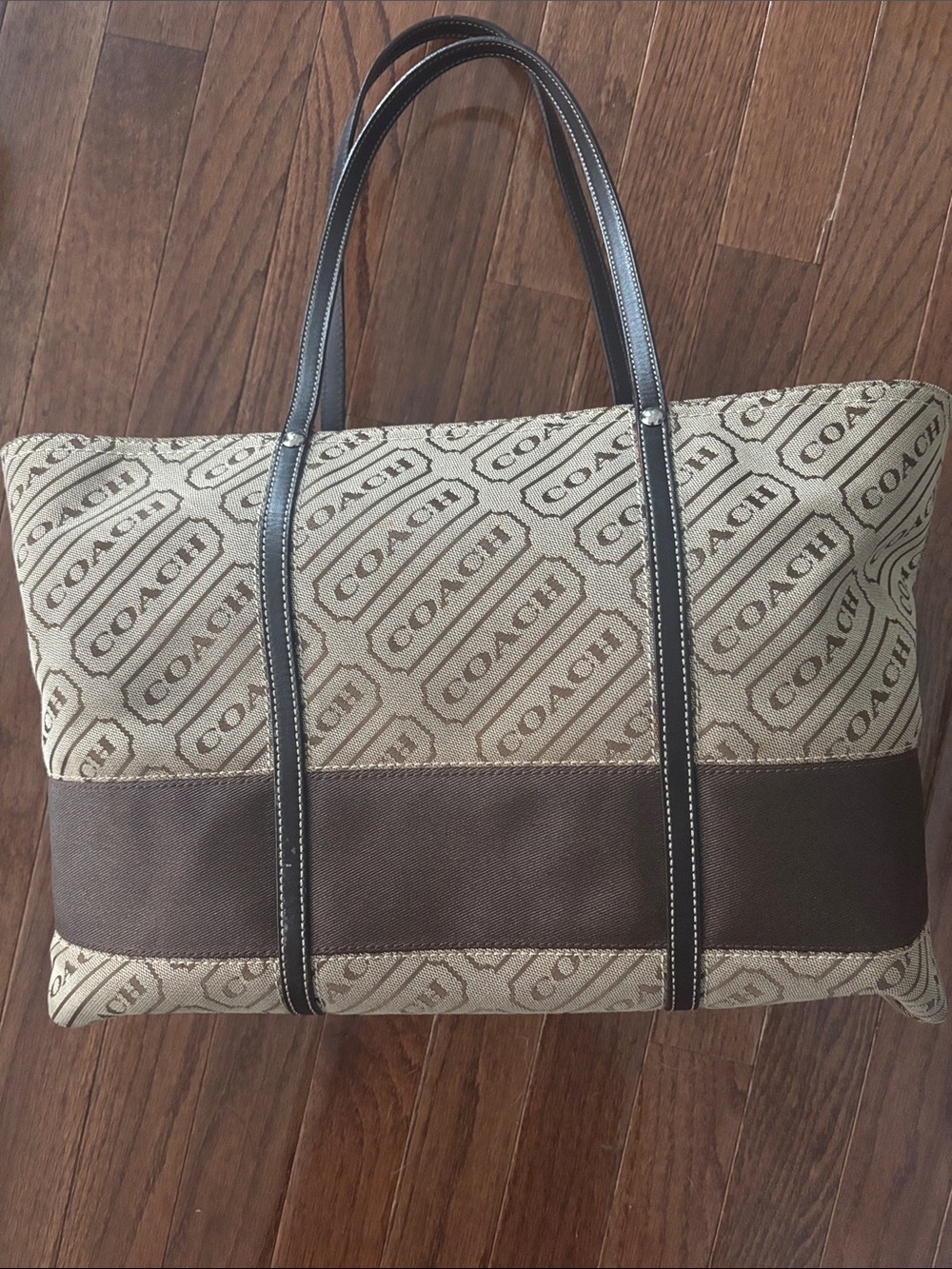 Coach Beige Canvas Tote with Brown Trim and Black Straps